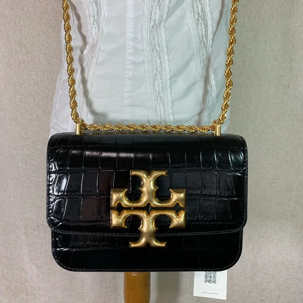 Tory Burch Black Croc-Embossed Mini Shoulder Bag with Gold Logo